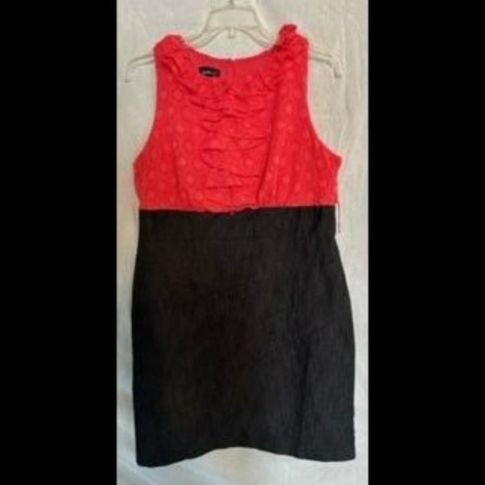 Stretch denim dress with coral ruffled top and high waist, size 18